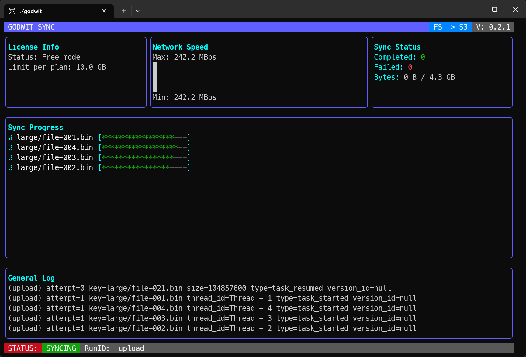 Godwit Sync --ui terminal dashboard showing live transfer progress, network speed, and sync status